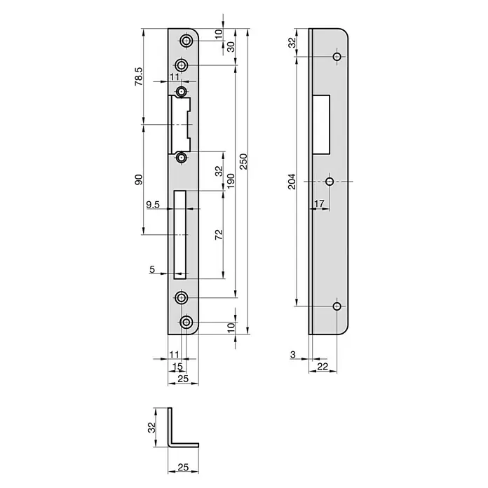 Basi Winkelschließblech WS 950 - DIN Anschlag: DIN-R, L x B: 250 x 25 mm - Technische Zeichnung von Türbeschlägen mit mehreren Ansichten und detaillierten Maßen.