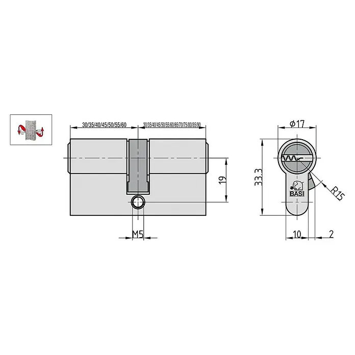 Basi Profilzylinder BM mit N+G - Baulänge innen: 30 mm, Baulänge außen: 80 mm, Material Zylinder: Messing, Bohrmuldenschlüssel, Mit Not- & Gefahrenfunktion - Technische Zeichnung eines grauen Euro-Profil-Schließzylinders mit Maßen, Schlüsselloch und M5-Schraubendetail.