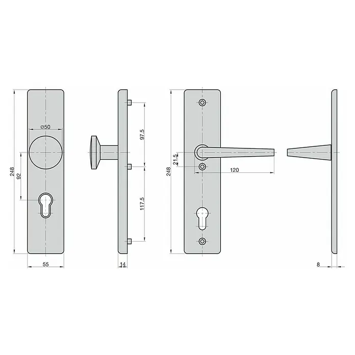 Basi Schutzbeschlag SB 7500 ES0 - Hauseingangstür, Stärke Tür: 50 mm - 70 mm, Aluminium, Knopf außen, Drücker innen, Ohne Zylinderabdeckung - Maßzeichnung eines Türgriff- und Knaufsets, mit verschiedenen Abmessungen und Designdetails.