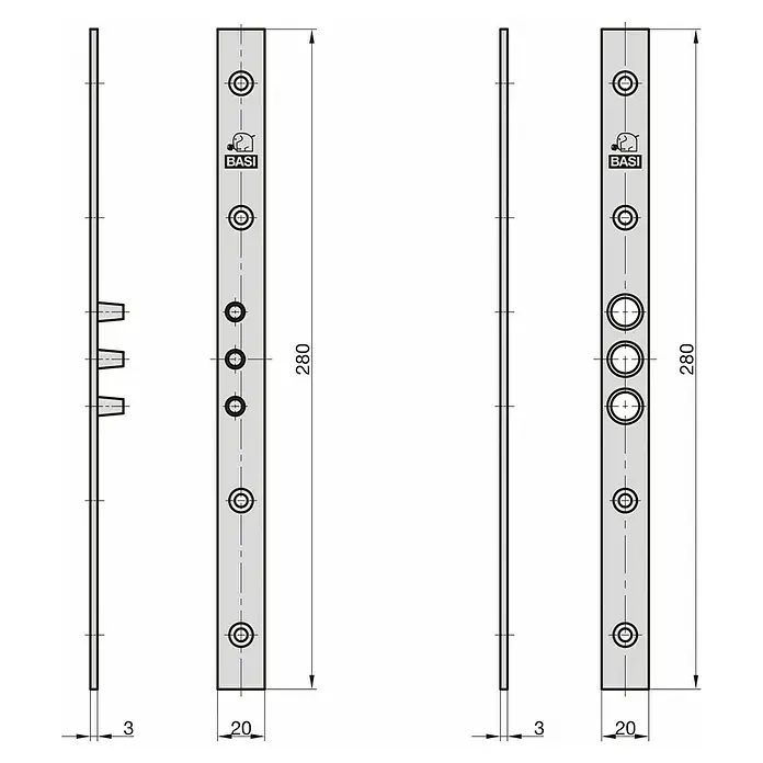 Basi Scharnierseitensicherung BS 280 - L x B: 280 x 20 mm, Stahl - Technische Zeichnung von zwei 280x20x3mm Metall-Sicherheitsleisten mit verschiedenen Löchern, eine davon mit seitlichen Auskragungen.
