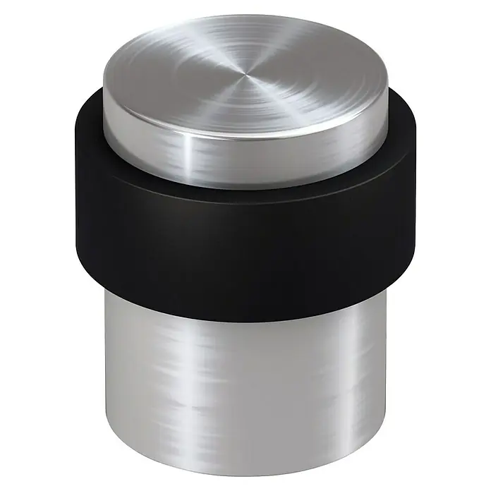 Basi Bodentürstopper TS23 - Ø x H: 37 x 40 mm, Edelstahl - Zylindrischer Türstopper in Silber und Schwarz mit gebürsteter Metalloberfläche oben und unten und einem Schutzgummiring.