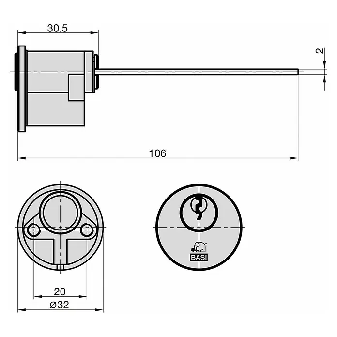 Basi Profilzylinder V50 - Profilschlüssel - Technische Zeichnung eines Schließzylinders, Seitenansicht mit 106mm Gesamtlänge, Endansichten mit Schlüsselloch und Drehknauf. Ø32mm.