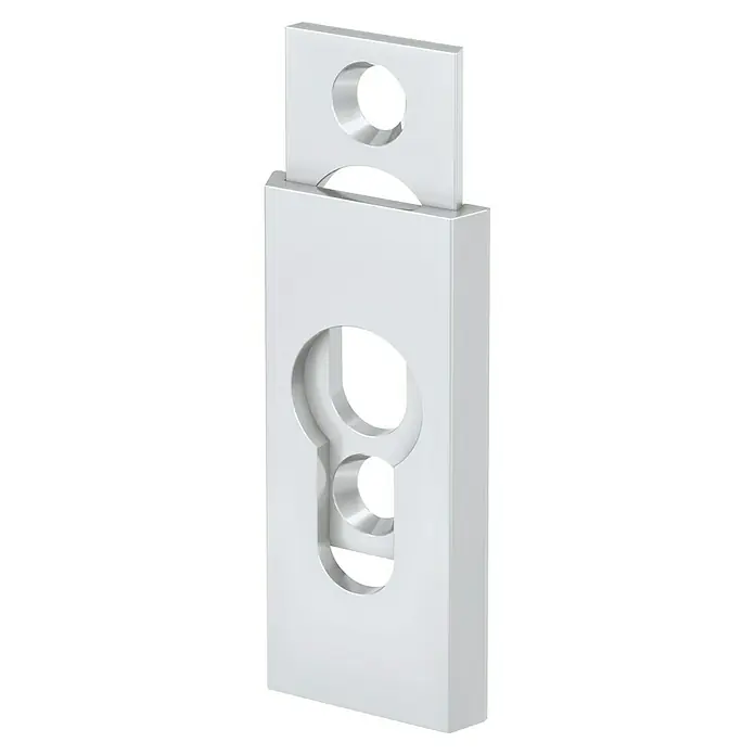 Basi Schlüsselschild SR 450 - Weiß, Stärke Rosette: 14 mm - Weißes rechteckiges Bauteil mit einer Euro-Profilzylinder-Aussparung und einer runden Öffnung oben.