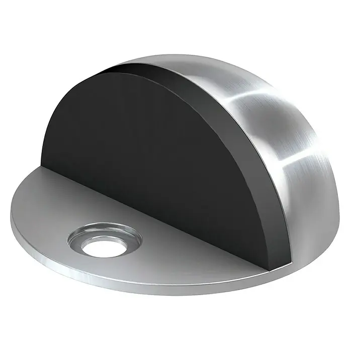 Basi Bodentürstopper TS20 - Ø x H: 44 x 25 mm, Edelstahl - Ein silberner, halbkugelförmiger Bodentürstopper aus gebürstetem Metall und schwarzem Gummi.