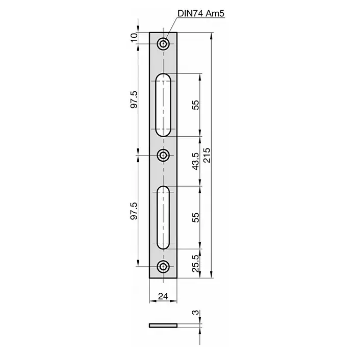 Basi Schließblech FLB 946 - L x B: 215 x 24 mm, Stahl, Verzinkt - Technische Zeichnung einer rechteckigen Metallplatte mit zwei Senkbohrungen (DIN74 Am5) und zwei Langlöchern, inklusive Maßen und 3mm Dicke.