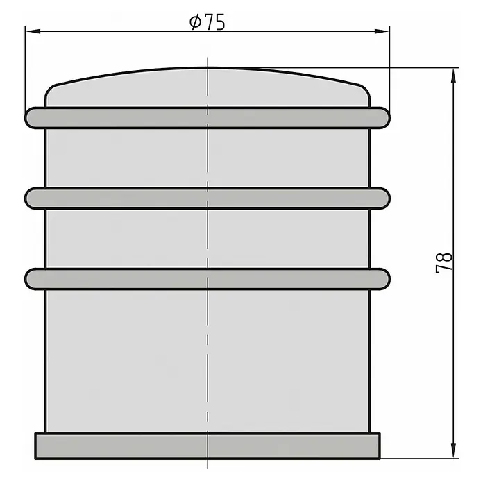 Basi Bodentürstopper BTS 21 - Ø x H: 75 x 78 mm, Edelstahl - Zylindrisches Bauteil mit gewölbter Oberseite und drei Querrippen, Ø75 und 78 mm hoch.