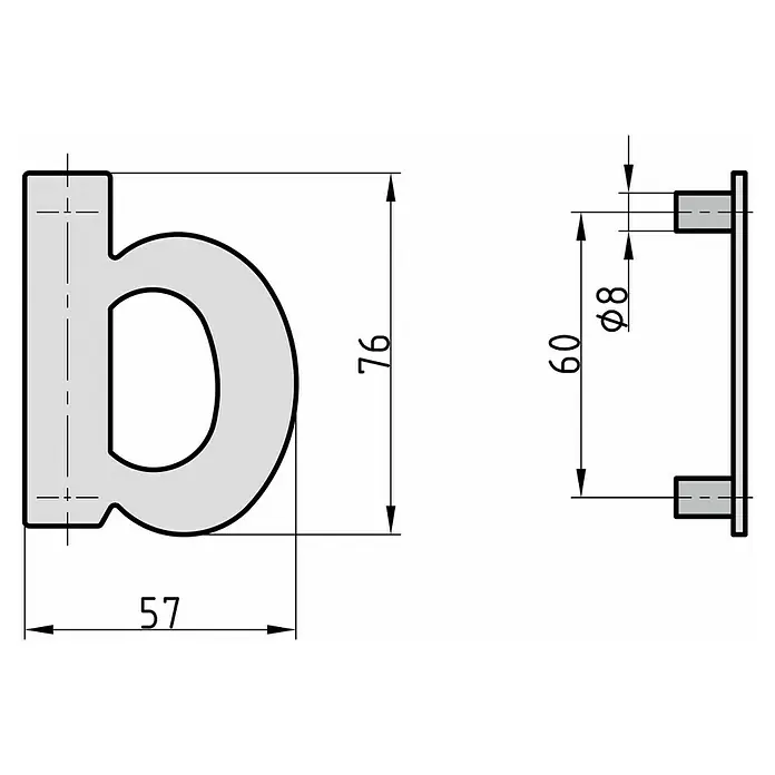Basi Hausnummer HN 150 - B x H: 57 x 76 mm, Motiv: B, Edelstahl - Bemaßte technische Zeichnung eines grauen Kleinbuchstaben 'b' mit zwei zylindrischen Befestigungsstiften hinten.