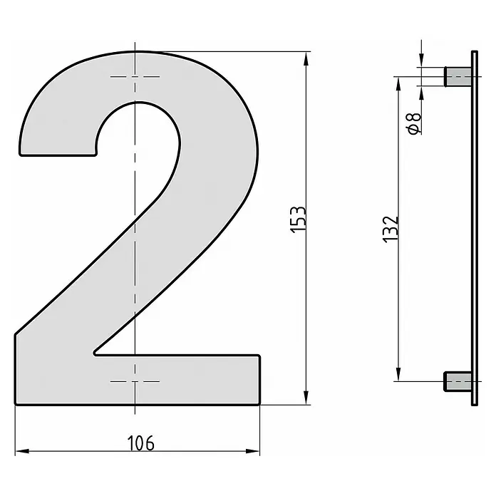 Basi Hausnummer HN 150 - B x H: 106 x 153 mm, Motiv: 2, Edelstahl - Technische Zeichnung einer grauen Hausnummer 2, Vorder- und Seitenansicht mit Maßen zur Montage mit zwei 8mm Abstandshaltern.