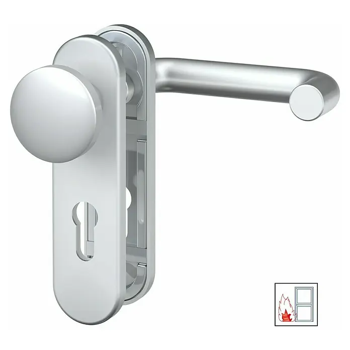 Basi Schutzbeschlag SB/FS 2200K ES1 - Feuerschutztür, Aluminium, Knopf außen, Drücker innen, Ohne Zylinderabdeckung, Stärke Tür: 44 mm - 66 mm - Feuerbeständige Türdrückergarnitur aus silbernem Metall mit Knauf, Drücker und Schlüsselloch.
