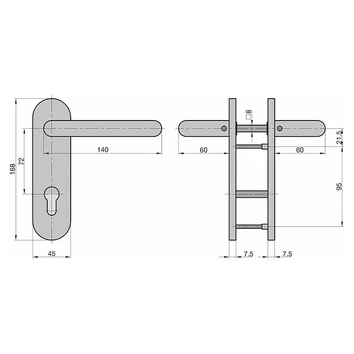 Basi Schutzgarnitur ZB 3800 - Edelstahl, Stärke Tür: 38 mm - 45 mm, Profilzylinder - Technisches Zeichnung eines Türbeschlags mit Drücker und Schlüsselrosette, mit Vorder- und Seitenansichtsmaßen.