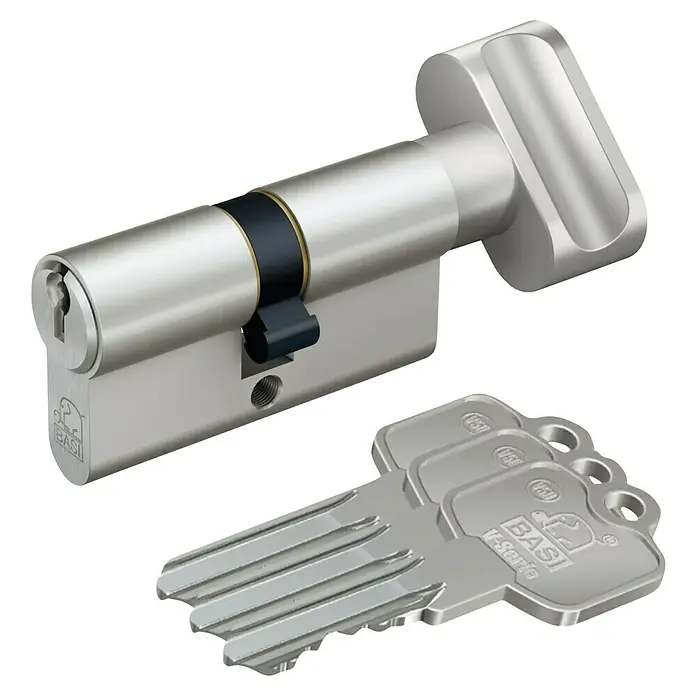 Basi Knaufzylinder V50 - Baulänge innen: 30 mm, Baulänge außen: 35 mm, Material Zylinder: Messing, Profilschlüssel - Silberner Türzylinder mit schwarzem Drehknauf und drei passenden Schlüsseln.