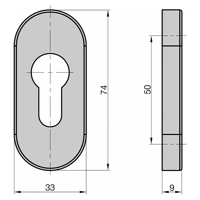 Basi Schlüsselschild SR 4100 PZ - Stärke Rosette: 9 mm - Graue, längliche Schlüsselrosette mit Schlüsselloch-Ausschnitt, technische Zeichnung mit Maßen.
