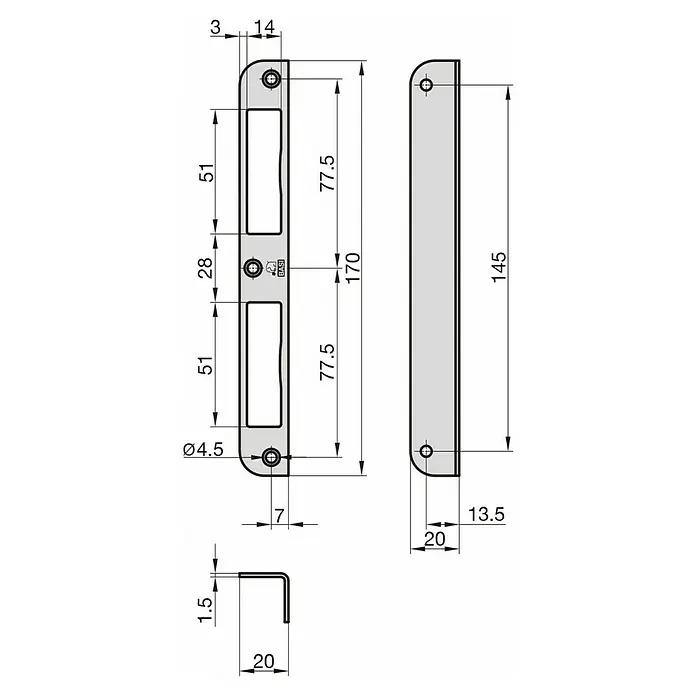 Basi Winkelschließblech WS 95 - DIN Anschlag: Universell einsetzbar, L x B x H: 170 x 20 x 20 mm, Rund - Technische Zeichnung einer grauen Metalltürplatte mit zwei Schlitzen und Befestigungslöchern, inklusive Maßen.