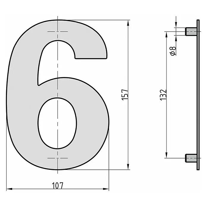 Basi Hausnummer HN 150 - B x H: 107 x 157 mm, Motiv: 6, Edelstahl - Graue Zahl 6 mit Montageabstandshaltern, Vorder- und Seitenansicht mit Maßen.