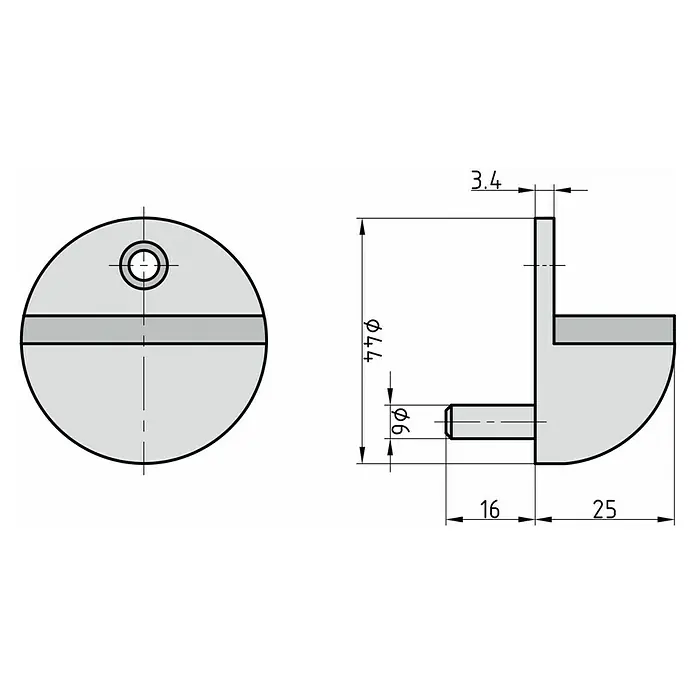 Basi Bodentürstopper TS20 - Ø x H: 44 x 25 mm, Edelstahl - Technische Zeichnung eines grauen runden Bodenträgers mit Stift und L-förmiger Lippe.