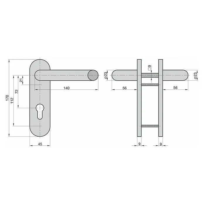 Basi Schutzbeschlag ZT/FS 2150 - Feuerschutztür, Schwarz, Drücker beidseitig, Abgerundet, Stärke Tür: 44 mm - 66 mm - Technische Zeichnung einer silbernen Türklinke mit Langschild und Schlüsselloch, inklusive Maßen.