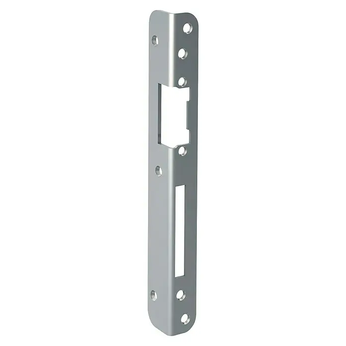 Basi Winkelschließblech WS 950 - DIN Anschlag: DIN-R, L x B: 250 x 25 mm - Silbernes Metall-Schließblech für Türschlösser, mit mehreren Löchern und zwei rechteckigen Aussparungen.