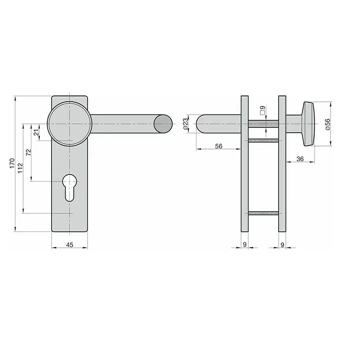 Basi Schutzbeschlag ZT/FS 2150 - Feuerschutztür, Schwarz, Knopf außen, Drücker innen, Eckig, Stärke Tür: 44 mm - 66 mm - Technische Zeichnung eines Türbeschlags-Sets mit Türdrücker, Drehknauf und rechteckigem Schild mit Schlüsselloch.