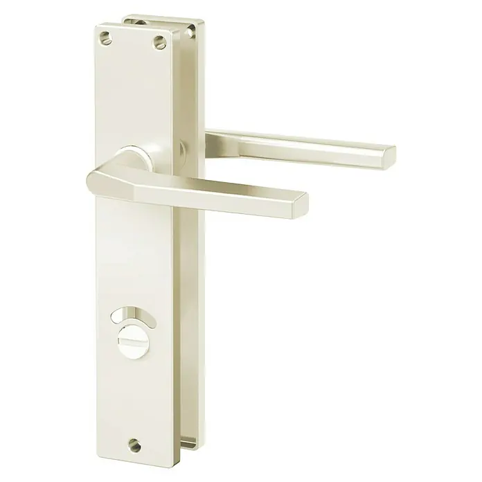 Basi WC-Drückergarnitur ZB 4100 - Schlitzkopf/Olive, Aluminium, Champagnerfarben - Hellgraue Türdrückergarnitur mit rechteckigen Langschildern und Drehknopfverriegelung.
