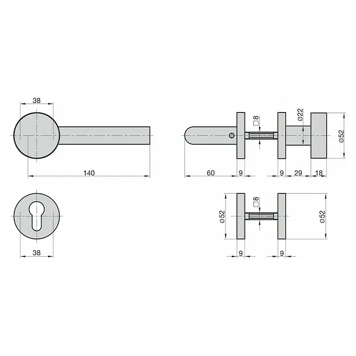 Basi Wechselgarnitur ZB 3200 - Stärke Tür: 38 mm - 45 mm - Bemaßte technische Zeichnung eines Türdrückers und passender Rosette mit Schlüsselloch.