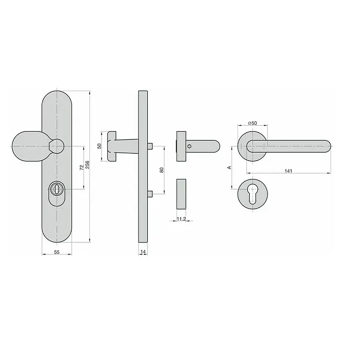 Basi Schutzbeschlag SBK 7500 ES1 Kombi - Hauseingangstür, Edelstahl, Knopf außen, Drücker innen, U-Form, Stärke Tür: 38 mm - 45 mm - Technische Zeichnung eines grauen Türgriffsatzes, bestehend aus Türdrücker, Langschild und Schlüsselloch.