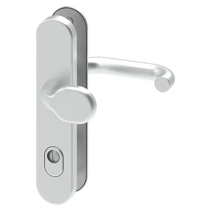 Basi Schutzbeschlag SB 7500 ES1 - Hauseingangstür, Aluminium, Knopf außen, Drücker innen, Mit Zylinderabdeckung, Stärke Tür: 38 mm - 45 mm - Silberner Türgriff aus Metall mit Hebel und Schlüsselloch.