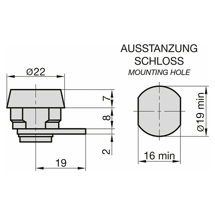 Basi Universalzylinder HS 338 - Passend für: Basi Notschlüsselkästen - Technische Zeichnung einer Schlosskomponente mit Maßen und dem passenden Montagelochprofil.