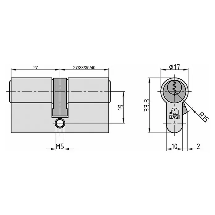 Basi Profilzylinder V50 - Baulänge innen: 22 mm, Baulänge außen: 22 mm - Technische Zeichnung eines BASI Doppel-Profilzylinders mit Maßen.