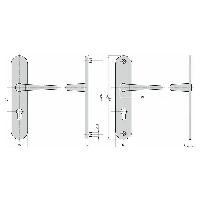 Basi Schutzbeschlag ES0 VMS - Hauseingangstür, Silber, Drücker beidseitig, Stärke Tür: 38 mm - 42 mm - Technische Zeichnung eines Türbeschlags mit Türgriffen und Schlüsselloch, Ansichten und Maßen.