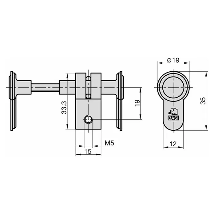 Basi Blindzylinder BZV 100 FS - Größenverstellbar - Technische Zeichnung eines grauen zylindrischen Metallschlossmechanismus mit Maßen und M5-Gewinde, mit BASI-Logo.