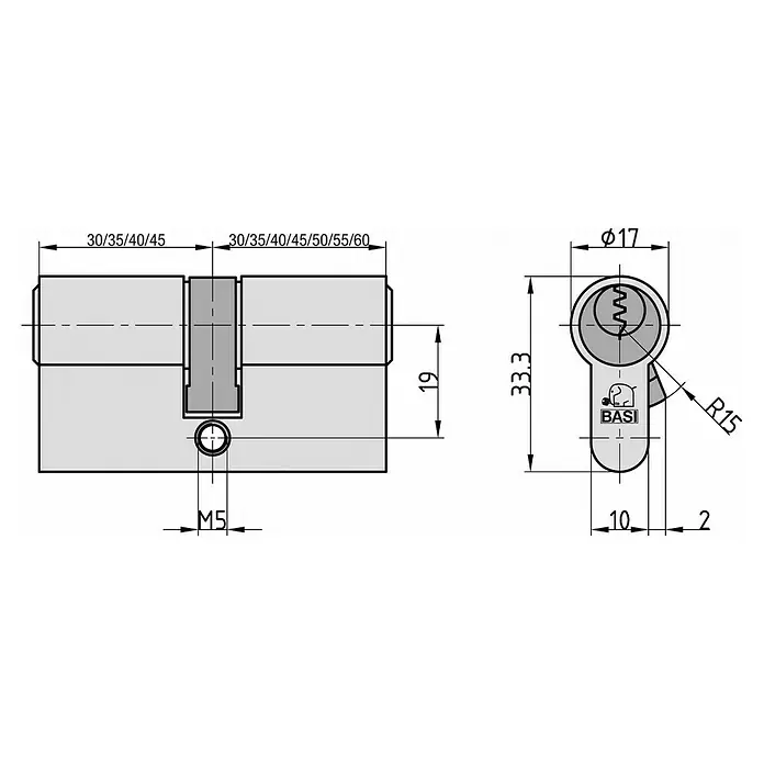 Basi Profilzylinder V50 - Baulänge innen: 40 mm, Baulänge außen: 40 mm, Material Zylinder: Messing, Profilschlüssel - Technische Zeichnung eines BASI Profilzylinders. Zeigt Maße, eine M5 Schraube und verschiedene Längenoptionen (z.B. 30/35 bis 60mm).