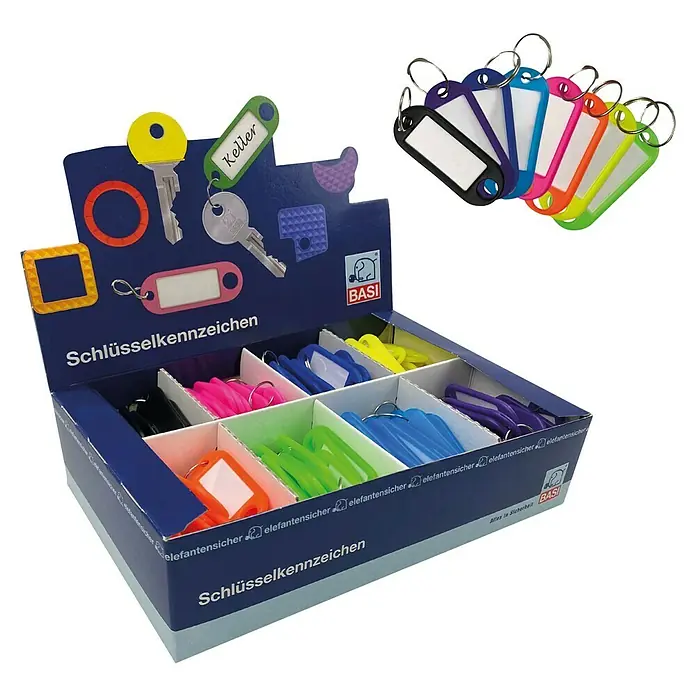 Basi Schlüsselanhänger - Leuchtfarben mit Ring, 200 Stk. - Bunte Schlüsselanhänger aus Kunststoff mit Beschriftungsfeldern, in Displaybox und einzeln.