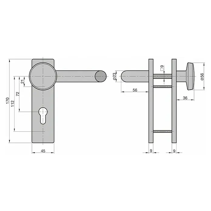 Basi Schutzbeschlag ZT/FS 2100 - Einsatzbereich: Feuerschutztür, Aluminium, Knopf außen, Drücker innen, Stärke Tür: 44 mm - 66 mm - Technische Zeichnung eines Türbeschlags mit Türklinke, Drehknauf und Schlüssellochausschnitt, inklusive detaillierter Maße.