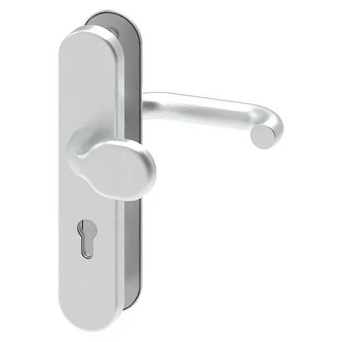 Basi Schutzbeschlag SB 7500 ES1 - Hauseingangstür, Aluminium, Knopf außen, Drücker innen, Ohne Zylinderabdeckung, Stärke Tür: 38 mm - 45 mm - Silberner Türgriff mit Hebel, ovalem Drehknauf und Schlüsselloch.