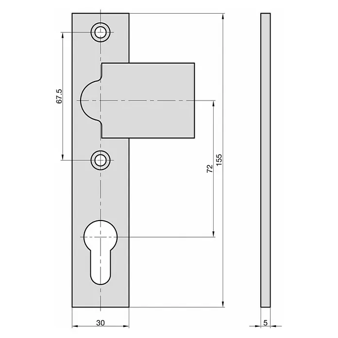 Basi Knopfkurzschild SK 913 - Distanznorm: 72 mm, Aluminium - Grauer Türbeschlag mit Drücker und Schlüsselloch, technische Zeichnung.