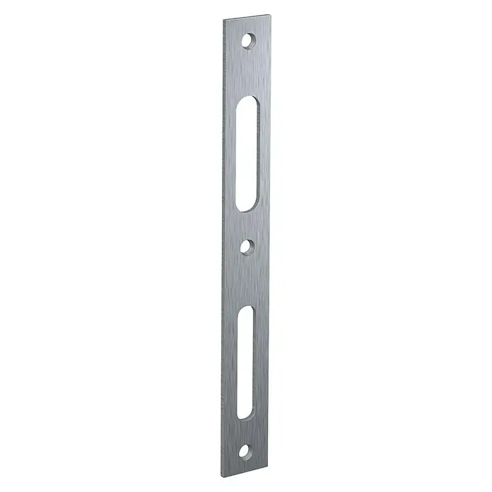 Basi Schließblech FLB 946 - L x B: 215 x 24 mm, Stahl, Verzinkt - Schließblech aus gebürstetem Metall mit zwei ovalen Schlitzen für Riegel und zwei runden Schraublöchern.
