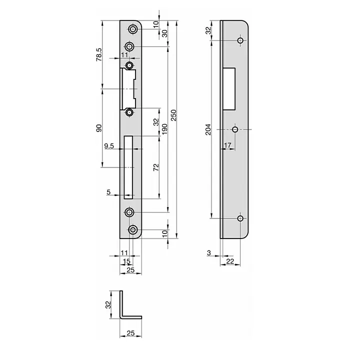 Basi Winkelschließblech WS 950 - DIN Anschlag: DIN-L, L x B: 250 x 25 mm - Technische Zeichnung einer Türschloss-Stulp mit detaillierten Maßen, Schraubenlöchern und Aussparungen für Falle und Riegel.