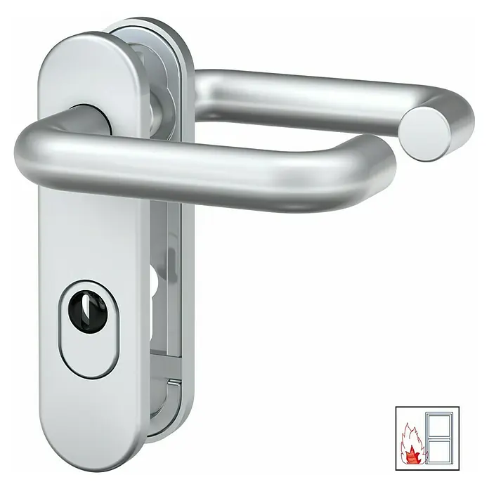 Basi Schutzbeschlag SB/FS 2200K ES1 - Feuerschutztür, Aluminium, Drücker beidseitig, Mit Zylinderabdeckung, Stärke Tür: 44 mm - 66 mm - Metallisches silbernes Türdrückergarnitur mit Hebelgriffen und integriertem Schlüsselloch.
