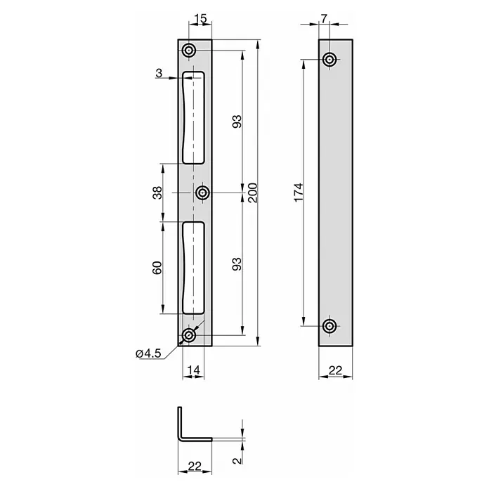 Basi Winkelschließblech WS 95 - DIN Anschlag: Universell einsetzbar, L x B x H: 200 x 22 x 22 mm, Käntig - Technische Zeichnung einer langen, rechteckigen Montagekonsole mit Schlitzen und Befestigungslöchern, bemaßt mit Maßen für Länge und Lochabstand.