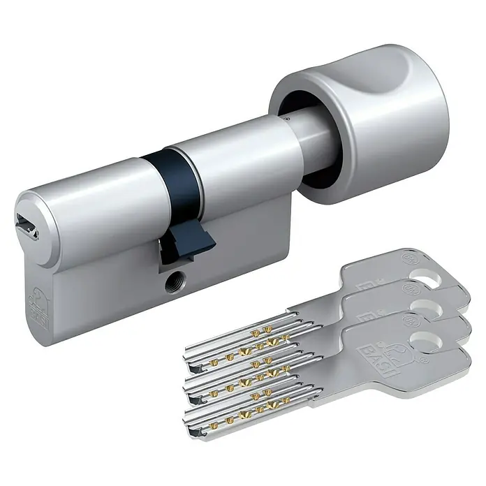 Basi Knaufzylinder BM - Baulänge innen: 50 mm, Baulänge außen: 30 mm, Material Zylinder: Messing, Bohrmuldenschlüssel - Silberner BASI-Türschließzylinder mit Drehknauf und drei passenden Sicherheitsschlüsseln, die ihre Stiftmechanik zeigen.