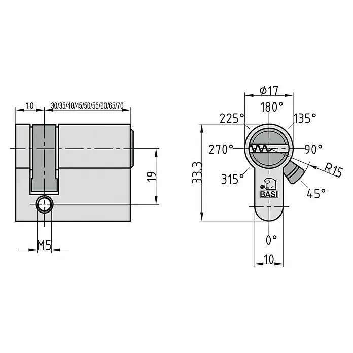 Basi Profilhalbzylinder BM - Baulänge innen: 10 mm, Baulänge außen: 50 mm, Material Zylinder: Messing, Bohrmuldenschlüssel - Technische Zeichnung eines Euro-Profilzylinders mit Maßen und Nocken-Drehwinkeln.
