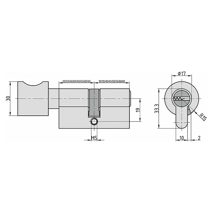 Basi Knaufzylinder BM - Baulänge innen: 50 mm, Baulänge außen: 30 mm, Material Zylinder: Messing, Bohrmuldenschlüssel - Technische Zeichnung eines Türzylinderschlosses mit Maßen und einer M5-Befestigungsschraube.