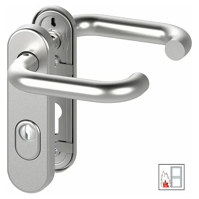 Basi Schutzbeschlag SB/FS 2200K ES1 - Feuerschutztür, Edelstahl, Drücker beidseitig, Mit Zylinderabdeckung, Stärke Tür: 44 mm - 66 mm - Türdrückergarnitur in Silbermetallic mit Schlüsselloch.