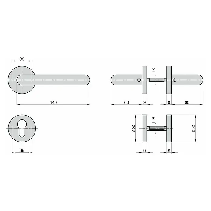 Basi Zimmertürgarnitur ZB 3100 - Stärke Tür: 38 mm - 45 mm, Edelstahl, U-Form - Türdrücker mit Hebel und Schlüsselrosette, mit wichtigen Maßen.