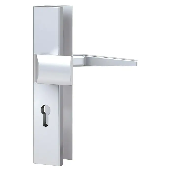 Basi Schutzbeschlag ES0 VMS - Hauseingangstür, Silber, Knopf außen, Drücker innen, Distanznorm: 72 mm, Stärke Schild/ Rosette: 12 mm - Silberner Metall-Türgriff mit integriertem Schlüsselloch.