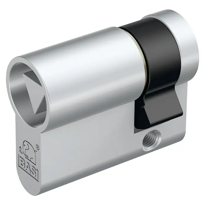 Basi Profilhalbzylinder mit Dreikant - Baulänge außen: 30 mm, Baulänge innen: 10 mm - Silberfarbener Euro-Profil-Türzylinder mit schwarzer Nocke und Komponenten.