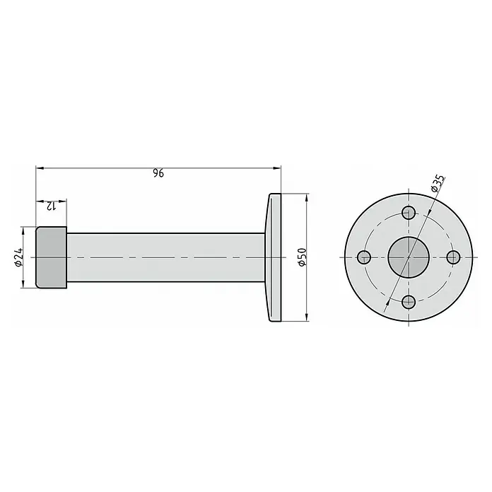 Basi Wandtürstopper TS21 - Ø x L: 50 x 96 mm, Edelstahl - Technische Zeichnung eines grauen Flanschbolzens, 96 mm lang, mit 24 mm Kopf und 50 mm Flansch mit vier Befestigungslöchern.