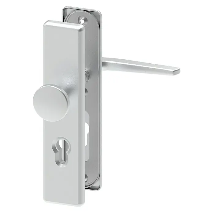 Basi Schutzbeschlag SB 7500 ES0 - Hauseingangstür, Stärke Tür: 38 mm - 45 mm, Aluminium, Knopf außen, Drücker innen, Ohne Zylinderabdeckung - Silbernes Türgriffset mit separatem Knauf und Schlüsselloch, modernes Hebeldesign.