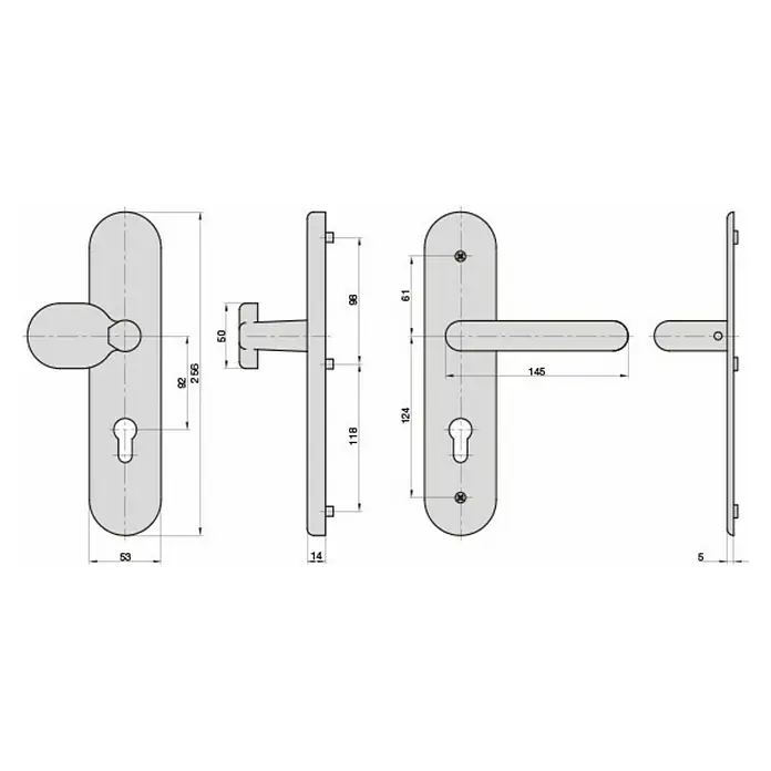 Basi Schutzbeschlag SB 7500 ES1 - Hauseingangstür, Aluminium, Knopf außen, Drücker innen, Ohne Zylinderabdeckung, Stärke Tür: 50 mm - 70 mm - Technische Zeichnung einer Türdrückergarnitur mit Knauf, Drücker und Schlüsselloch, detaillierte Maße zeigend.
