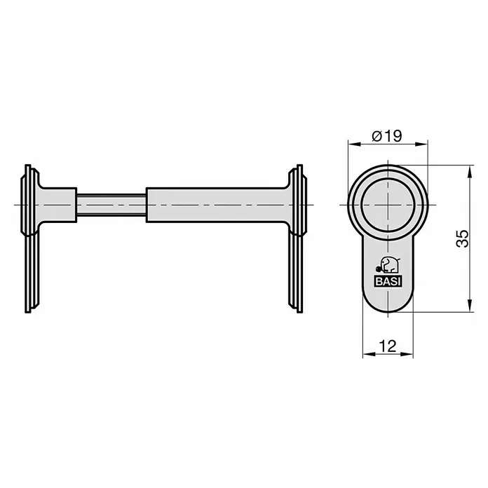 Basi Blindzylinder BZV 100 - Größenverstellbar - Technische Zeichnung: graues zylindrisches Sicherheitszylinder-Bauteil, Ø19x35, mit BASI-Logo.
